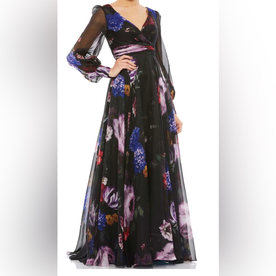 Floral Print Chiffon Long Sleeve Maxi Dress